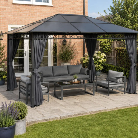 3m x 4m Hardtop Gazebo with 6 mm Polycarbonate Roof, Aluminium Permanent Garden Pavilion with Curtains, Dark Grey Outdoor Patio Canopy for Sun, Rain & Privacy