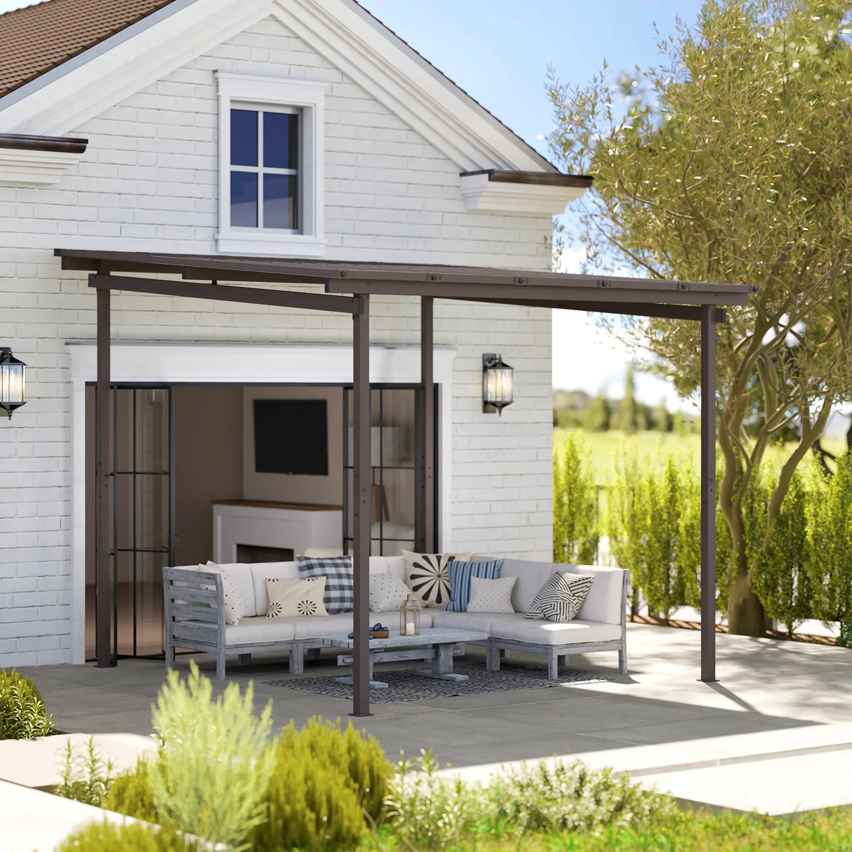 3m x 3m Lean-To Metal Pergola – Brown Wall Mounted Outdoor Patio Shade Shelter