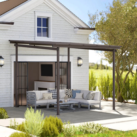 3m x 3m Lean-To Metal Pergola – Brown Wall Mounted Outdoor Patio Shade Shelter