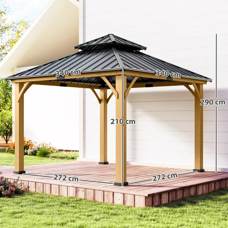 33.5m x 3.5m Wooden Hardtop Gazebo with Two Tier Black Metal Roof - Garden Pavilion Shelter