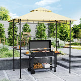 8' x 5' Beige Double Tiered BBQ Grill Gazebo Canopy with LED Lights, 2 Side Shelves & Hooks