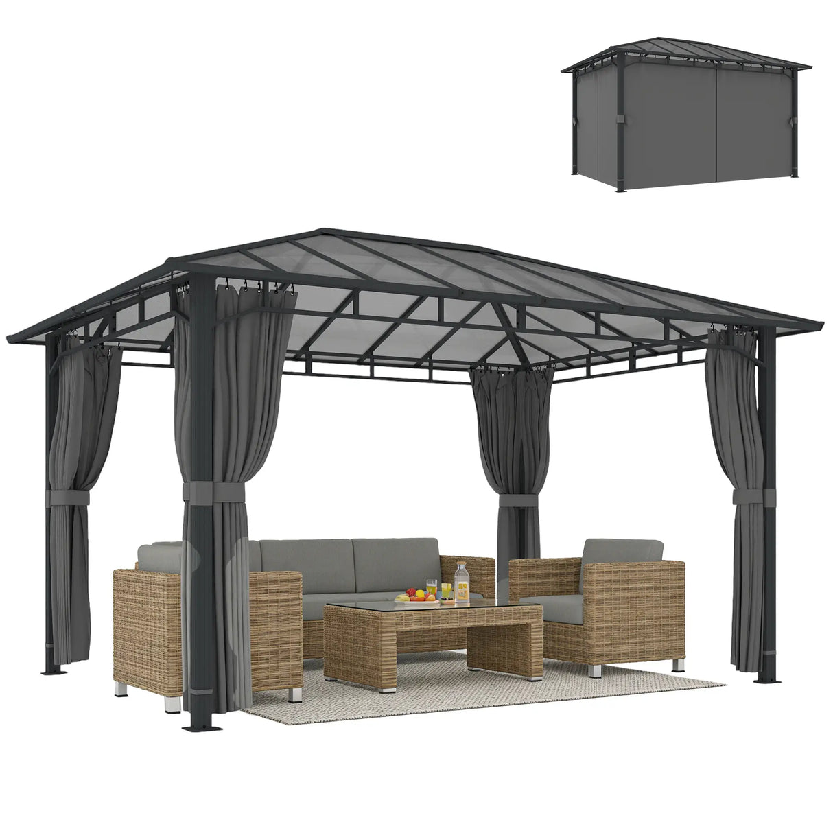 3m x 4m Hardtop Gazebo with 6 mm Polycarbonate Roof, Aluminium Permanent Garden Pavilion with Curtains, Dark Grey Outdoor Patio Canopy for Sun, Rain & Privacy