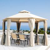 Beige 3m x 3m Hexagonal Gazebo With Curtains