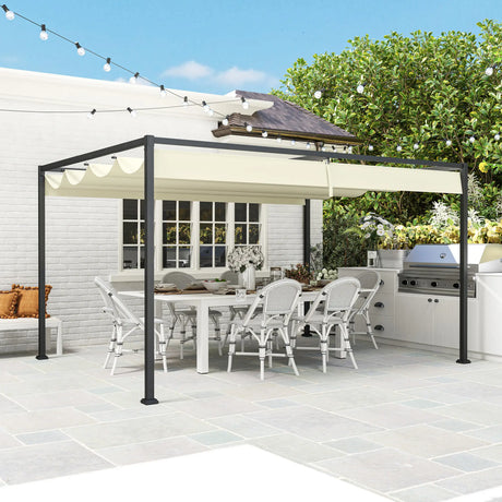 4m x 3m Metal Garden Pergola with Retractable Roof Canopy – Outdoor Gazebo Shelter for Patio & Garden, Adjustable Sun Shade, Cream White
