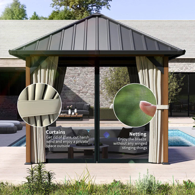 3x3m Hardtop Gazebo - Waterproof Galvanised Steel Roof Pavilion with Netting and Curtains - Walnut Wood Finish Garden Canopy