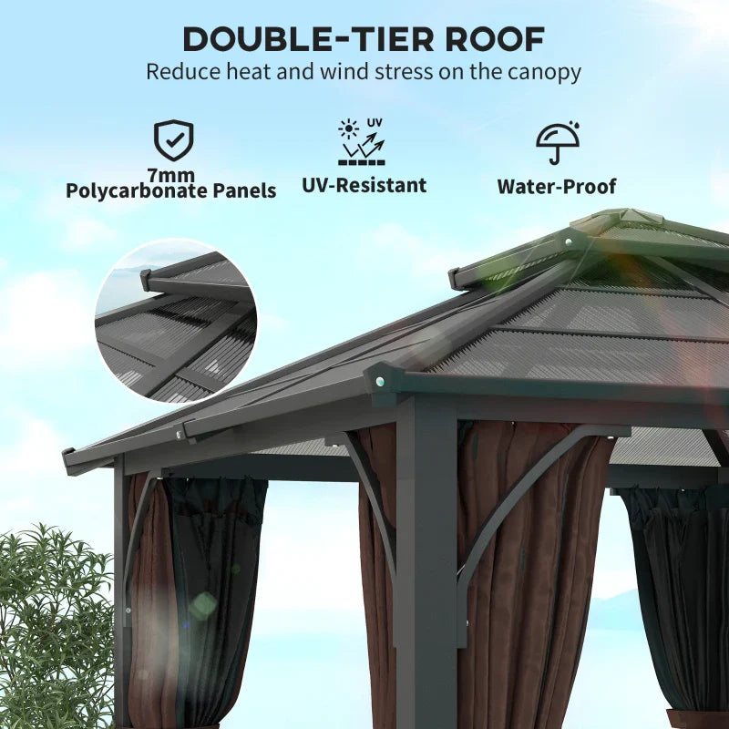 3x3m Brown Hardtop Gazebo Canopy with 7mm Double Polycarbonate Roof, Permanent Garden Pavilion with Mosquito Netting and Curtains for Patio and Deck