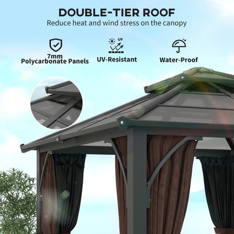 3x3m Brown Hardtop Gazebo Canopy with 7mm Double Polycarbonate Roof, Permanent Garden Pavilion with Mosquito Netting and Curtains for Patio and Deck