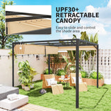 3m x 3m Aluminium Pergola – Khaki Retractable Roof with Side Wall, Outdoor Patio Shade Shelter