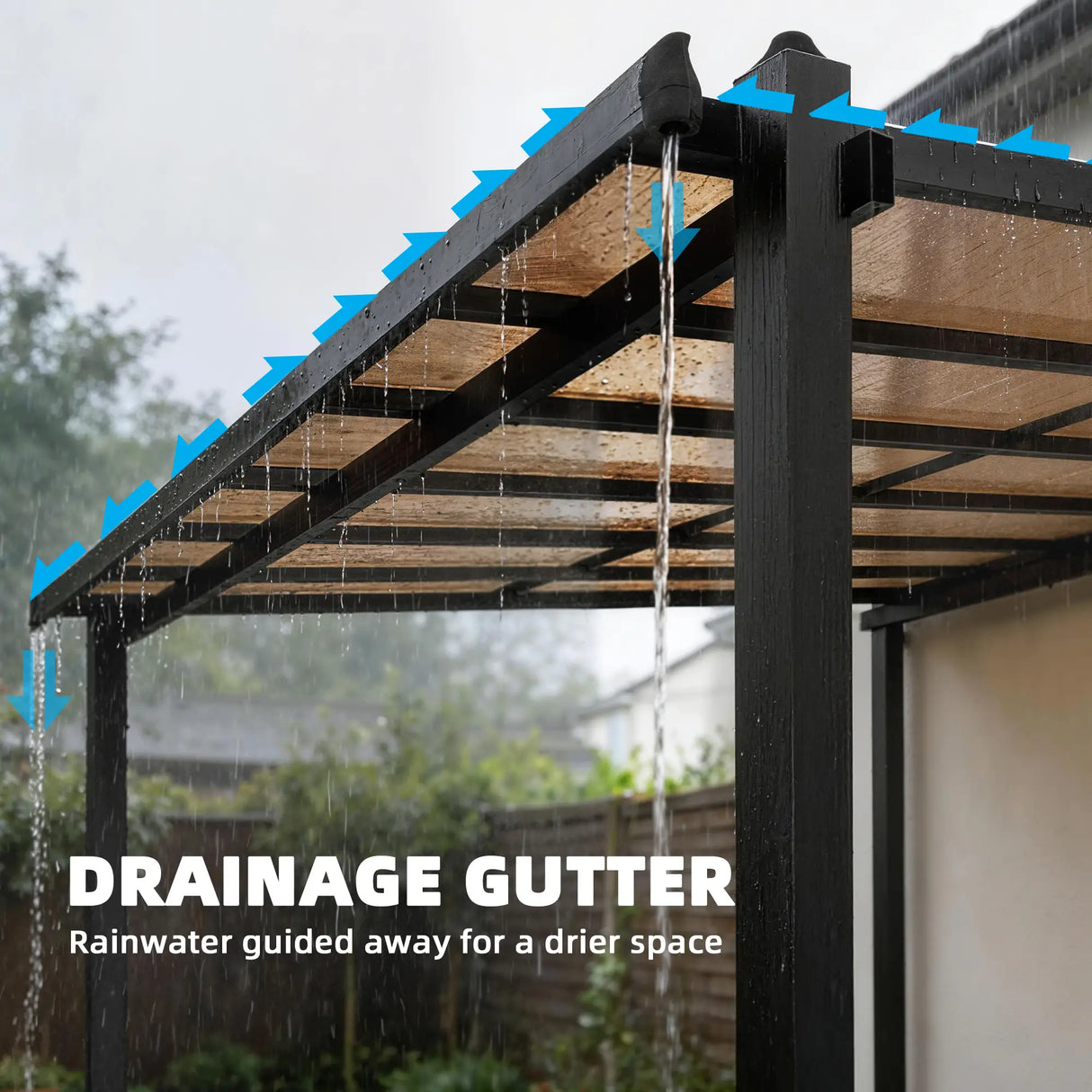 3.6m x 3m Lean-To Metal Pergola with Polycarbonate Hardtop Roof & Drainage Gutters – Aluminium Wall-Mounted Gazebo Patio Cover, Modern Outdoor Shelter, Dark Grey