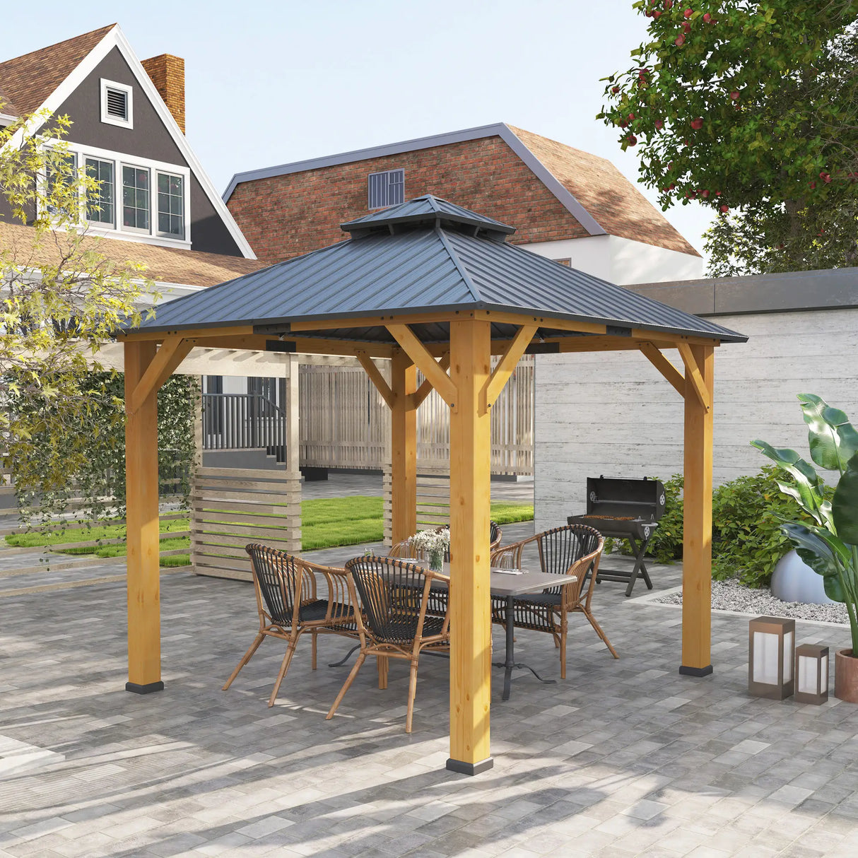 3x3M Wooden-Style Hardtop Gazebo with 2-Tier Galvanised Steel Roof, Aluminium Posts & Grey Outdoor Patio Canopy Shelter for Garden, Decking and Pergola Spaces