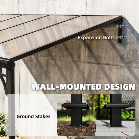 4m x 3m Wall-Mounted Lean-To Pergola with Polycarbonate Hardtop Roof – Heavy Duty Aluminium Garden Gazebo, Weatherproof Patio & BBQ Shelter, Modern Brown