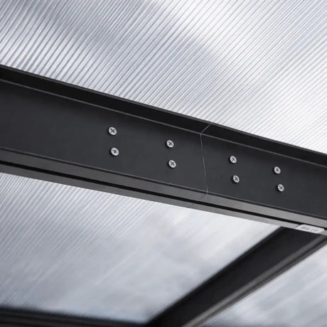 4.35m x 3m Wall Mounted Pergola with Retractable Canopy, Aluminium Frame & Polycarbonate Roof – Grey Patio Cover