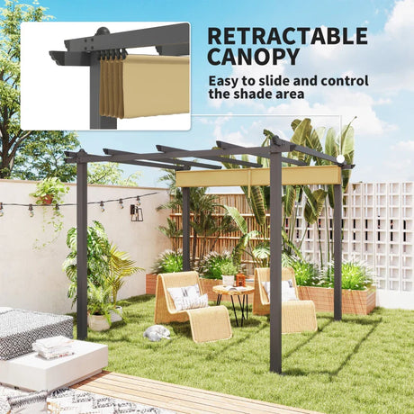 3m x 3m Aluminium Pergola – Khaki Retractable Canopy Roof, Outdoor Patio Shade Shel