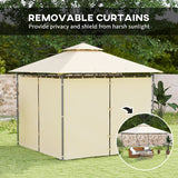 3m x 3m Beige Garden Gazebo with Double Roof, Metal Frame, Curtains & Solar-Powered LED Lights - Outdoor Canopy Shelter for Patio & Decking