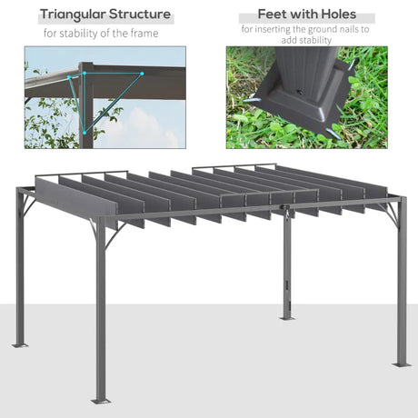 4m x 3m Aluminium Pergola – Grey Retractable Roof Patio Gazebo Canopy, Outdoor Garden Shade Shelter