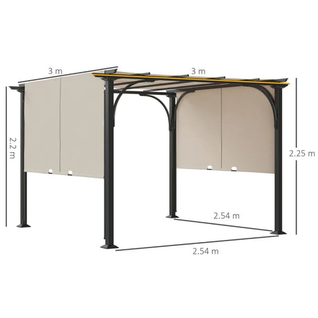 3m x 3m Retractable Pergola – Beige Canopy Roof with Cross Bars & Ground Stakes, Outdoor Patio Shade Shelter