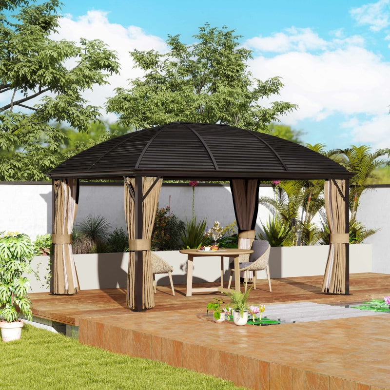 3 x 4m Hardtop Gazebo Canopy - Brown Aluminium Pavilion with Metal Roof, Netting & Curtains