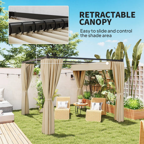 3m x 3m Retractable Metal Pergola Gazebo with Curtains – Outdoor Patio & Deck Shelter, Adjustable Canopy Shade for BBQ & Grill Area, Beige