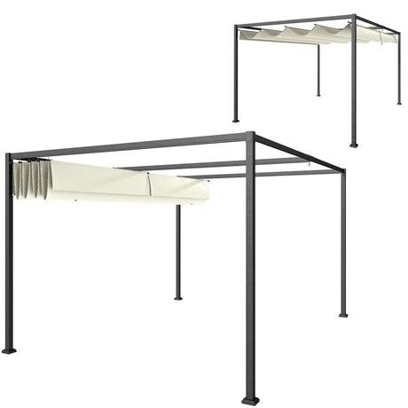 4m x 3m Metal Garden Pergola with Retractable Roof Canopy – Outdoor Gazebo Shelter for Patio & Garden, Adjustable Sun Shade, Cream White